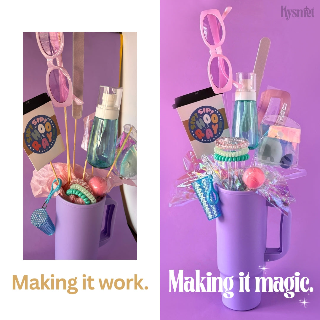 Two purple tumblers with various items fanned out against a white and purple background. Reads "Making it work. Making it magic."